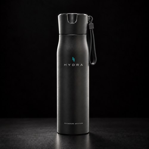 A matte black Hydra water bottle with a matching black flip-top lid and carrying loop, standing upright on a dark surface against a black background. The bottle features the HYDRA logo in white and a small blue accent, with 'FOUNDATION EDITION' printed near the bottom.